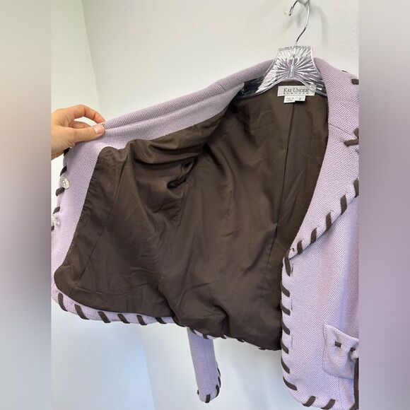 Kay Unger Mauve Purple Wool Silk Knit Blazer Twee Floral Buttons Size 8 - Picture 10 of 13